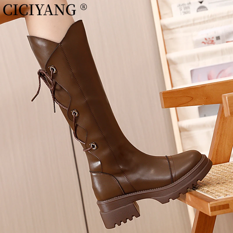 

CICIYANG Knee High Boots Women Genuine Leather 2024 Spring Ladies Brown Long Boots Designer Back Lacing Motorcycle Winter Boot