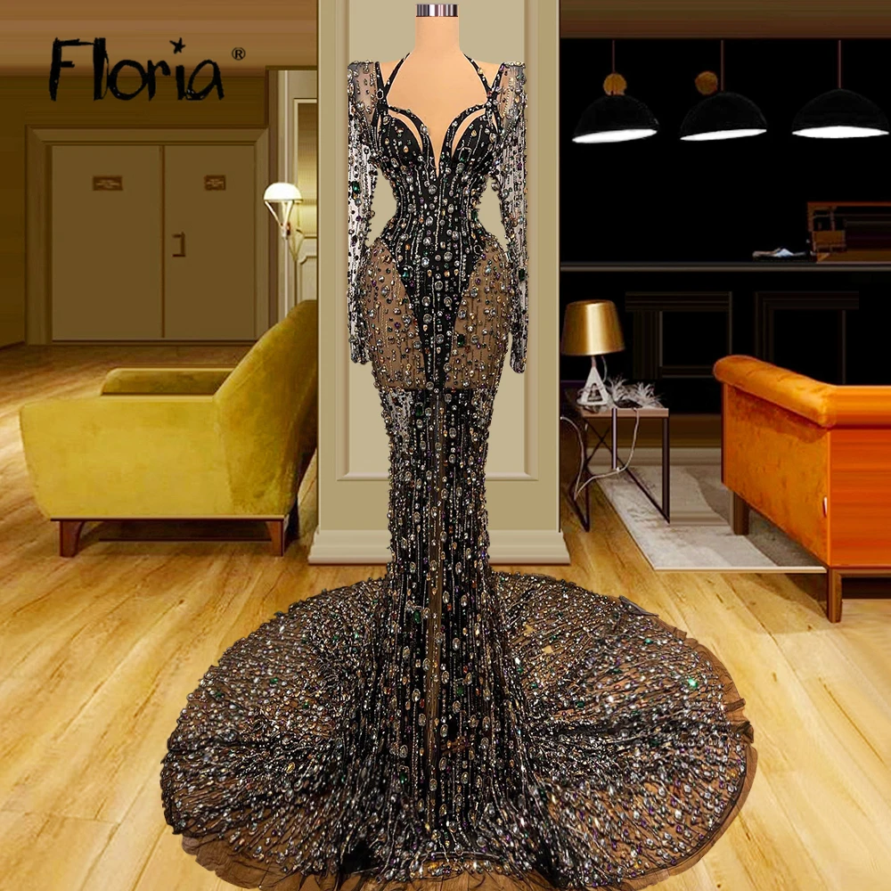 Vintage Rhinestones Luxury Evening Dress 2023 Black Crystals Mermaid Wedding Party Gowns Gala Formal Prom Dresses Customized