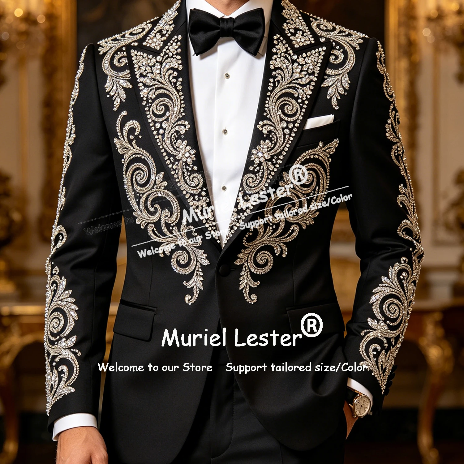 

Glittering Diamond Beading Suit Men For Wedding Slim Fit Single Breasted Jacket Pants 2 Piece Sets Groom Formal Wear Tuxedos