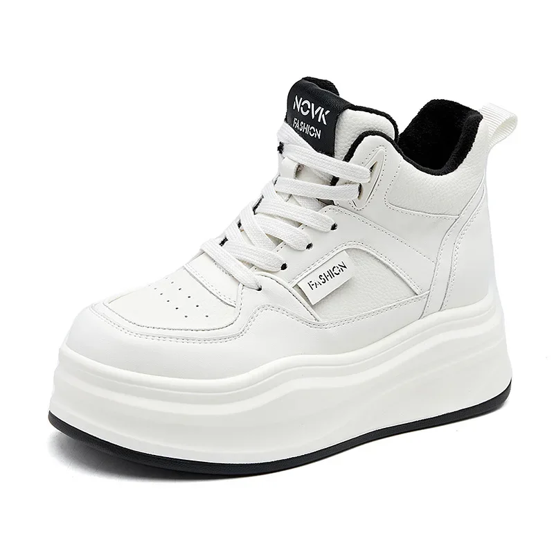 

7CM Women Cow Genuine Leather Spring Microfiber Platform Wedge Vulcanize Ankle Booties Autumn Winter Chunky Sneaker Ankle Shoes