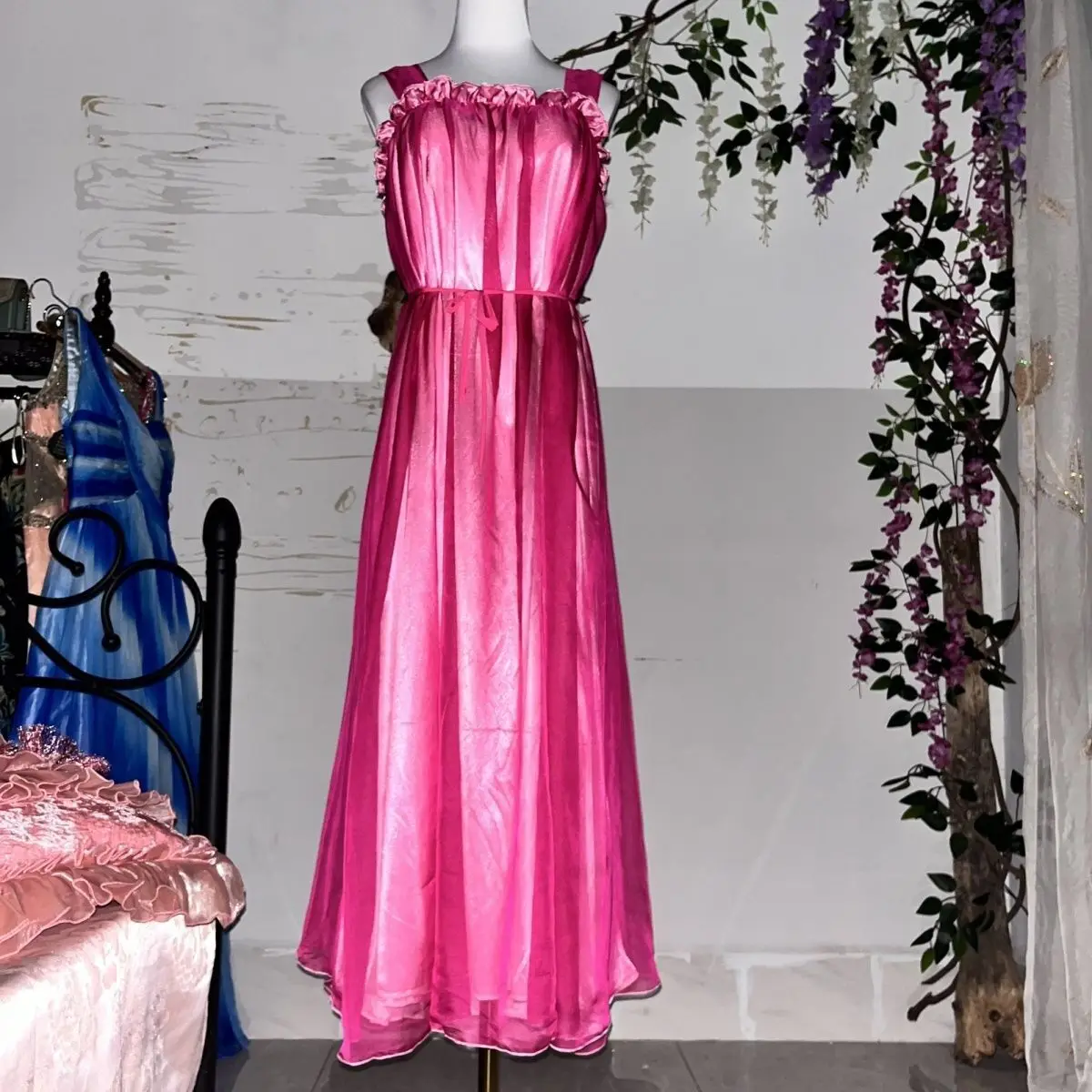 Glossy 2 Layers Mesh Outside Satin Inside Long Dress Sexy Women Loose Night Dress Plus Size Sleeping Robe