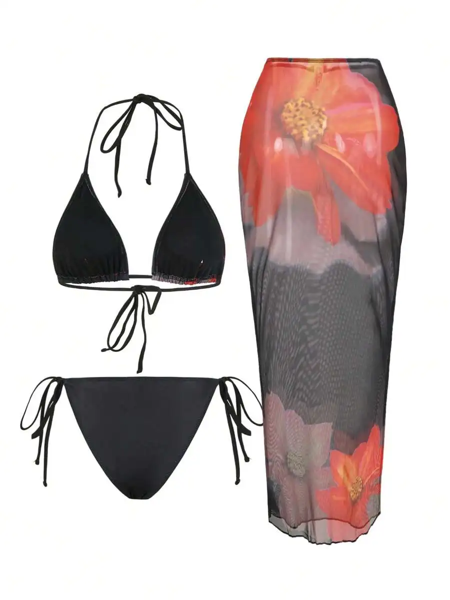 

3pcs Women Summer Beach Floral Print Bikini Set With Sarong Skirt