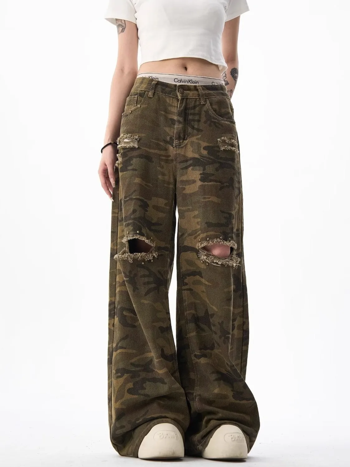 

American High Street Camouflage Ripped Workwear Jeans Women's Loose Straight Leg Wide Leg Pants Summer New Arrival