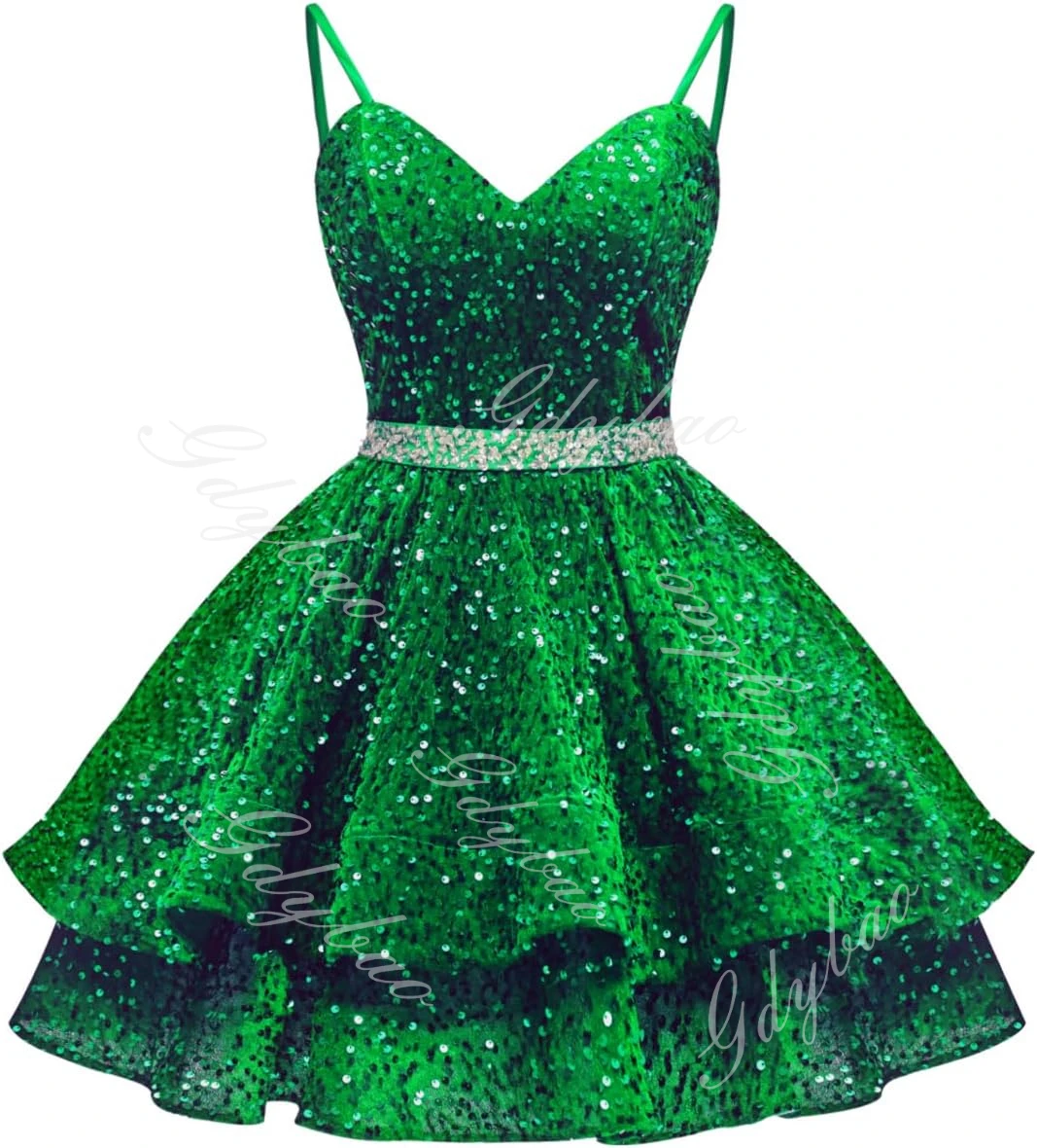 Green Homecoming Dress for Teens 2025 Sparkly Tiered Sequin Straps Prom Cocktail Dress Womens Beaded Belt Knee Length Party Gown