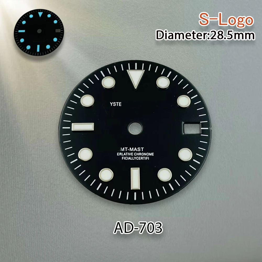 28,5 mm S-Logo GMT schwarzes Zifferblatt, geeignet für NH34-Uhrwerk, blau leuchtend, hochwertige Uhrenmodifikation, Reparaturzubehör