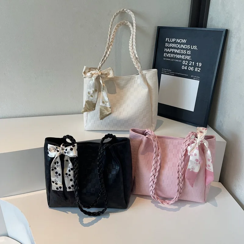 

New Fashion Bow Silk Scarf Portable Tote Bag Women's Summer Shopping with Shoulder Bag Plaid Trendy Armpit Bag