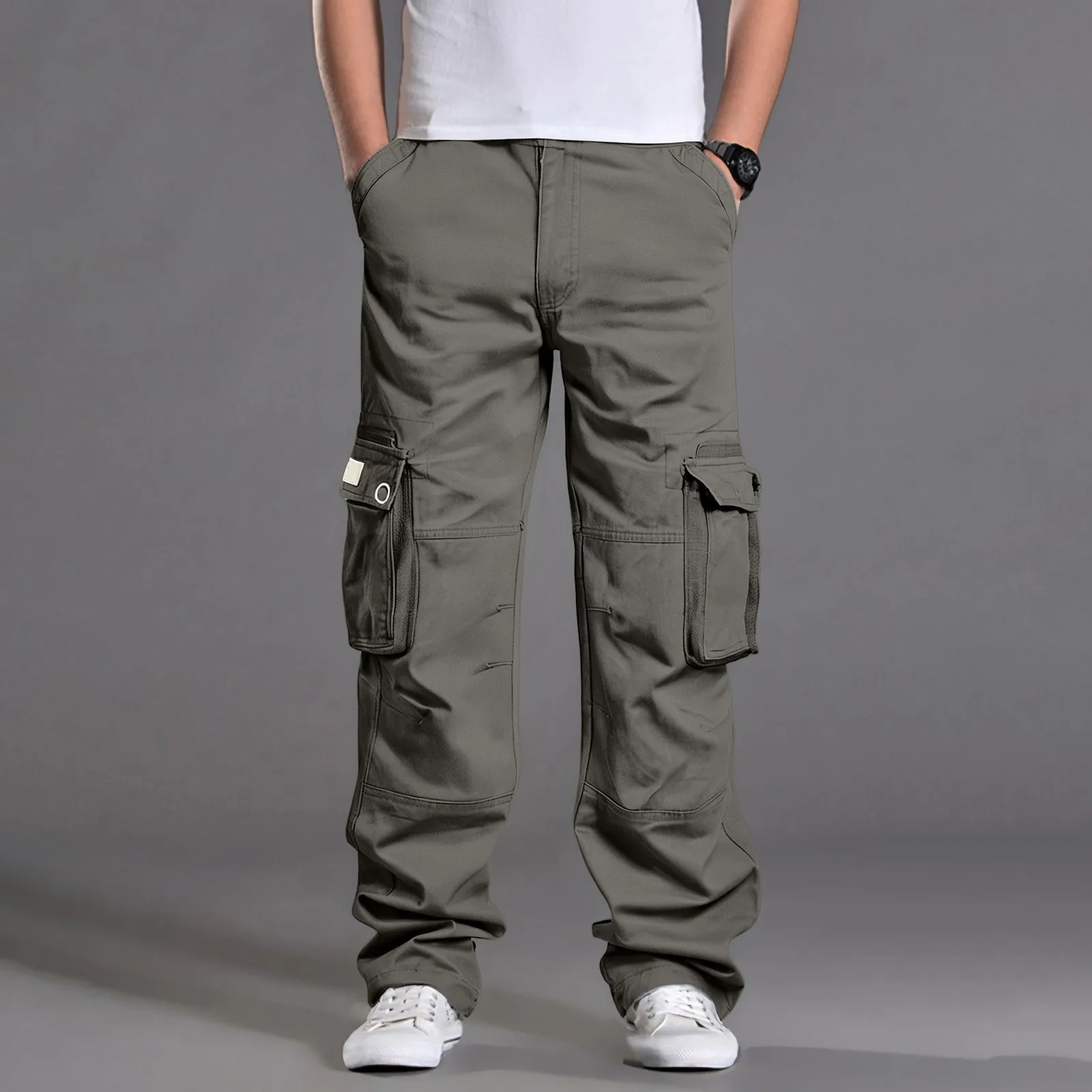 Fashion Retro Cargo Pant Men Solid Color Spring Summer Casual Multi-pocket Waist Drawstring Trousers Loose Long Pants