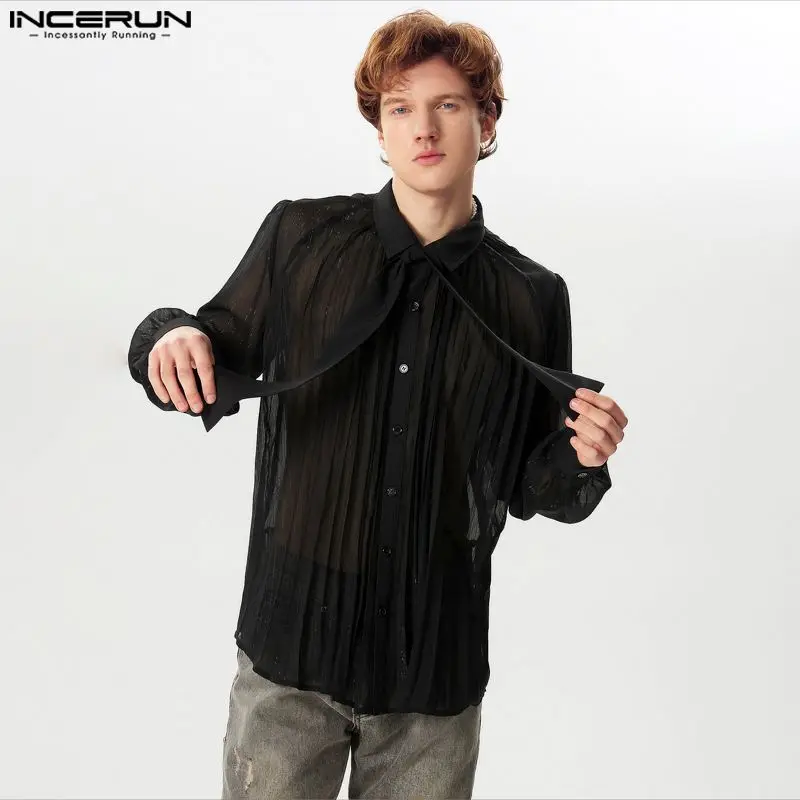 INCERUN 2024 New Men\'s Sexy Shirts Mesh Transparent Lapel Long Sleeve Camisa Tie Pleated Solid Color Comfortable Clothing S-5XL