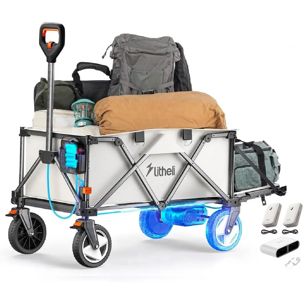 

Вездеходная тележка с двумя аккумуляторами, объемом 200 л и грузоподъемностью 300 фунтов, идеально подходит для кемпинга, пляжа, сада и покупок.