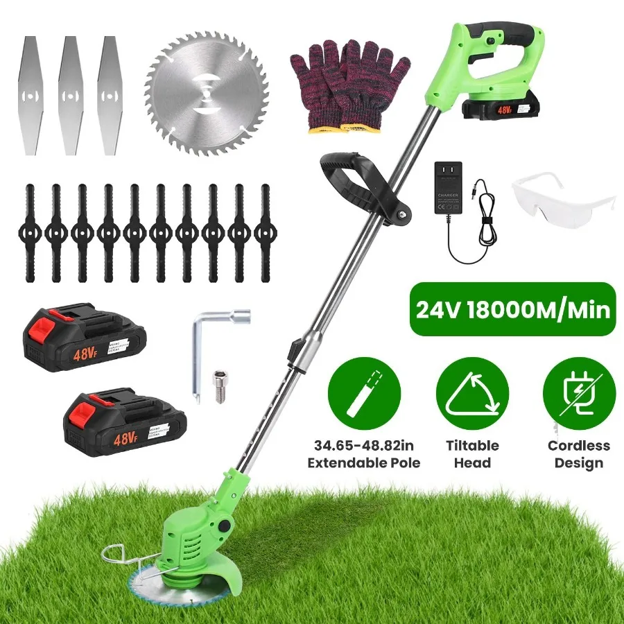 

24V 300W Cordless Grass Trimmer Rechargeable Lawn Mower 18000M Min Weed Cutter with Saw Blade 2 Stainless Steel Blades 10 Plast