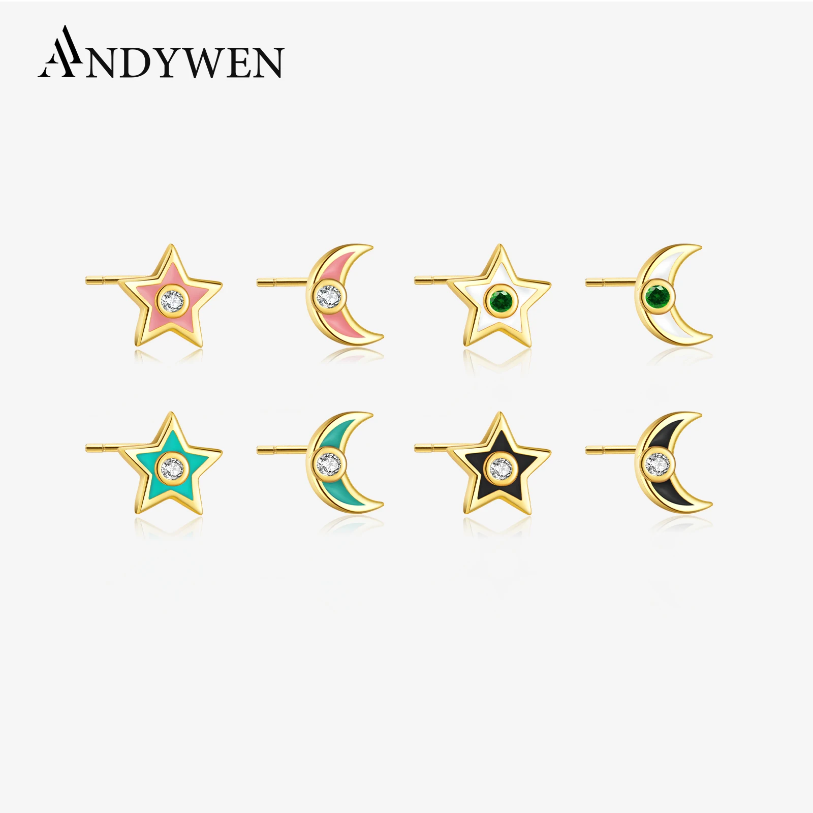 

ANDYWEN 925 Sterling Silver Gold Four Color Moon Star Stud Earring White Black Pink Turquoise Women Piercing Pendientes Clips