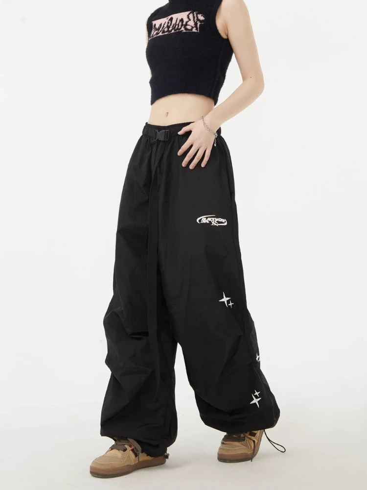 Deeptown Parachute Pants Women Black Vintage Harajuku Oversized Wide Leg Joggers Hippie Street Baggy Sweatpants Casual Trousers