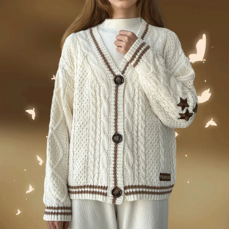 Fearless Star Cardigan Sweater Female Y2K Clothes Autumn Winter Star Embroidered Knitted Cardigans Women Holiday Knitwear Tops