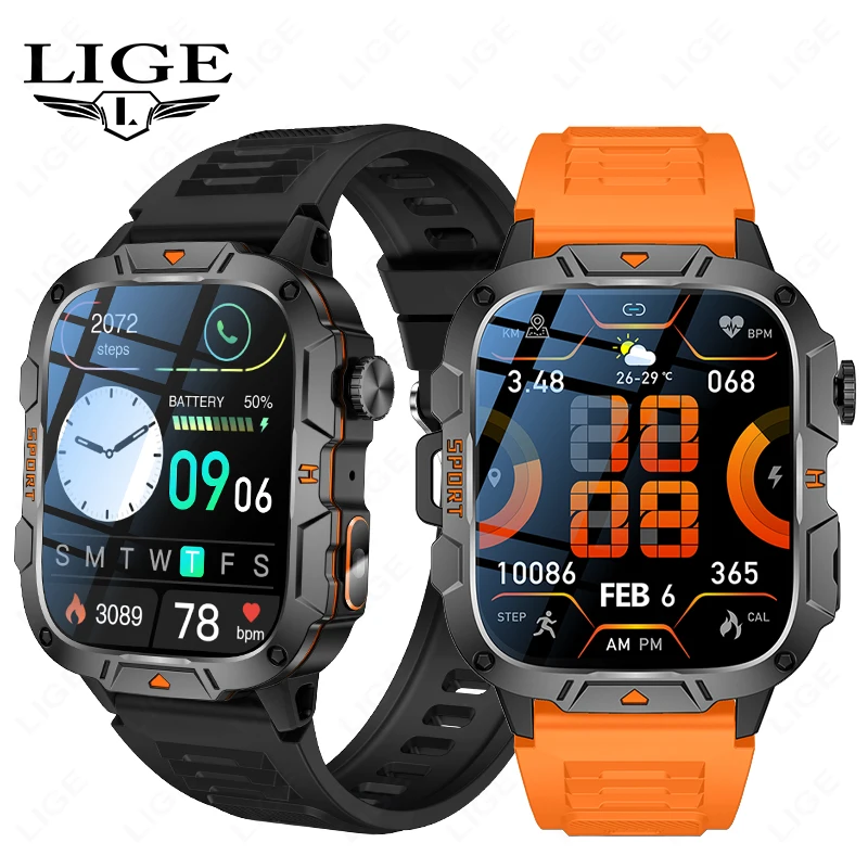 LIGE Smart Watch 5ATM Outdoor Sports GPS Trackr Flashlight 1.96 HD Display Screen Bluetooth Call Fitness Watches For Android IOS