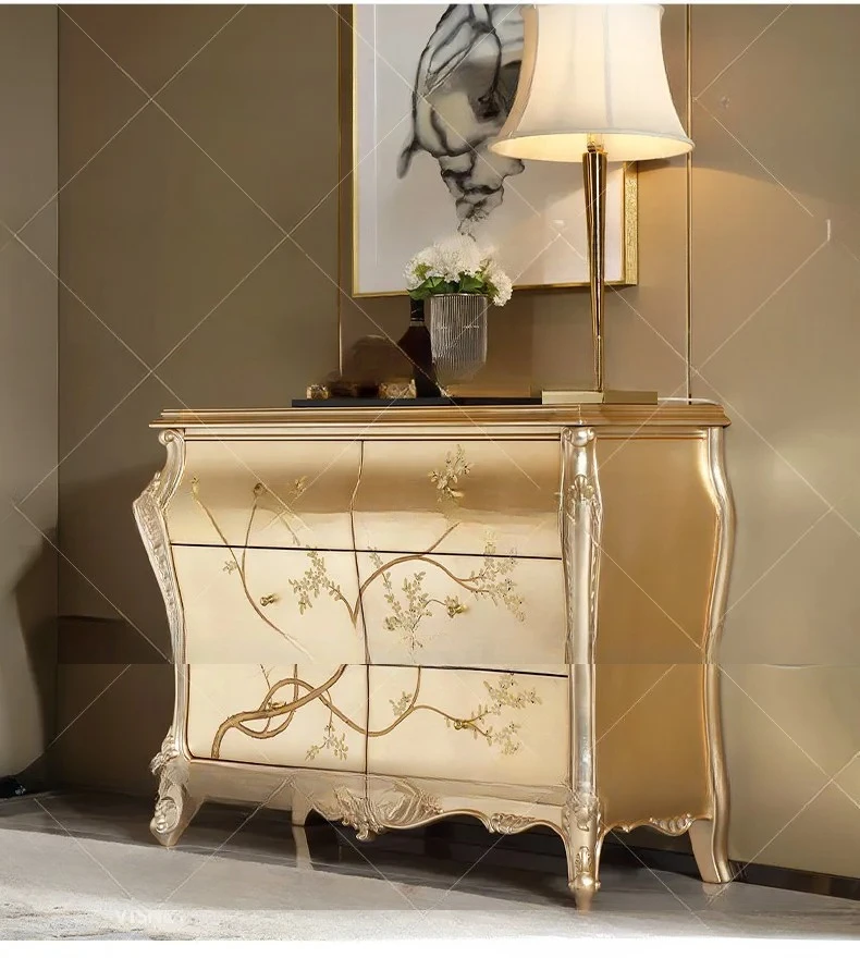 luxury dining side cabinet solid wood carving flower painted high-end wall storage locker