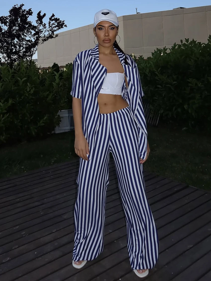 

Marthaqiqi Striped Female Nightwear Suit Short Sleeve Nightgown Turn-Down Collar Sleepwear Pants Casual Women Pajama 2 Piece Set