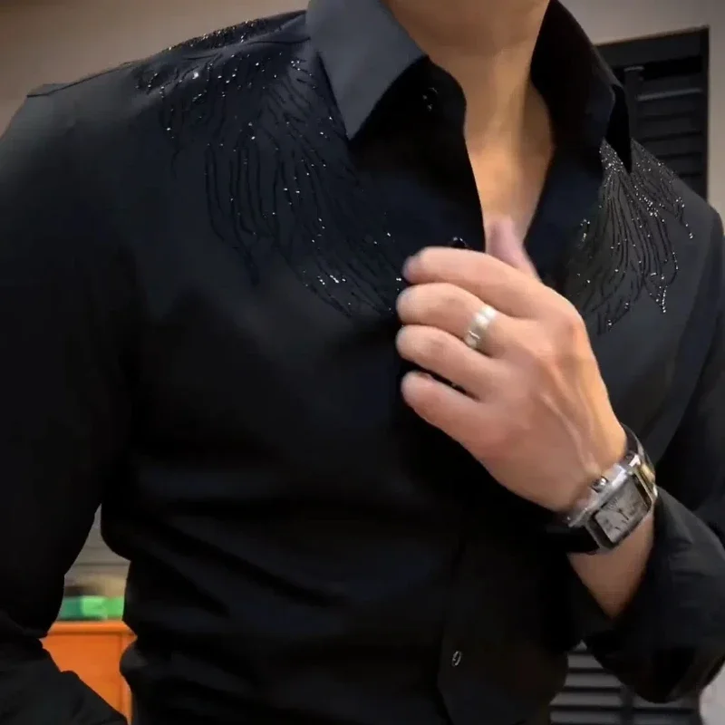 Spring Autumn Y2K Solid Diamond Shirts Men's Clothing Long Sleeve Loose Polo Neck Blouse All Match Fashion Cardigan Print Tops