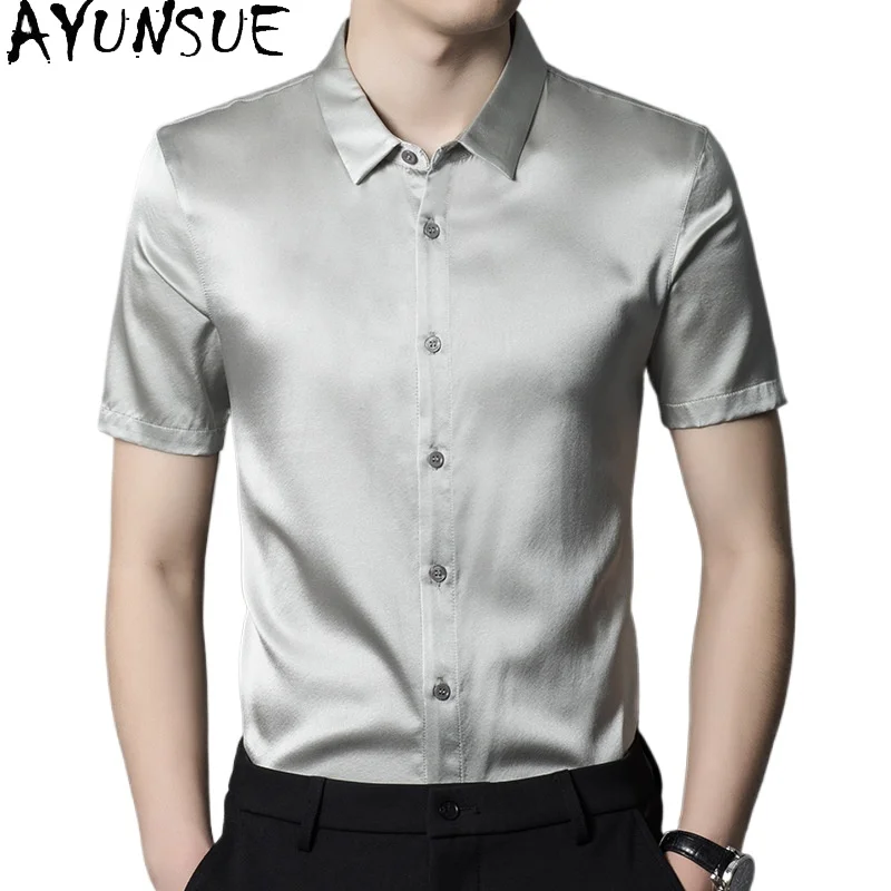 

AYUNSUE 92.4% Real Mulberry Silk Shirts for Man High Quality Summer Top 2026 Solid Short Sleeve Shirts Men Clothing Casual Shirt