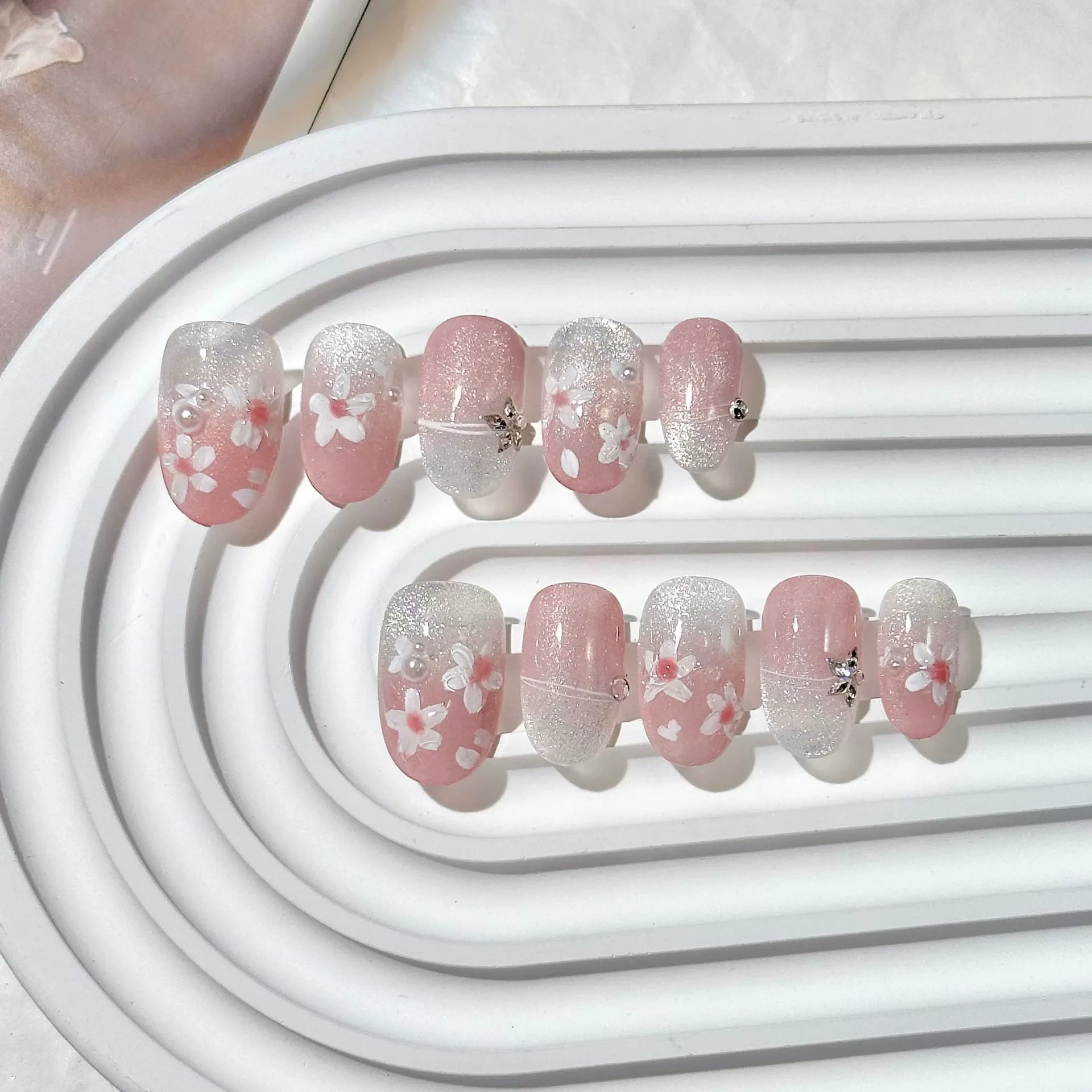 10 pçs francês oval artesanal imprensa em unhas olho de gato unhas falsas simples unhas falsas unhas artificiais Наклад Ногти Uñas Postizas