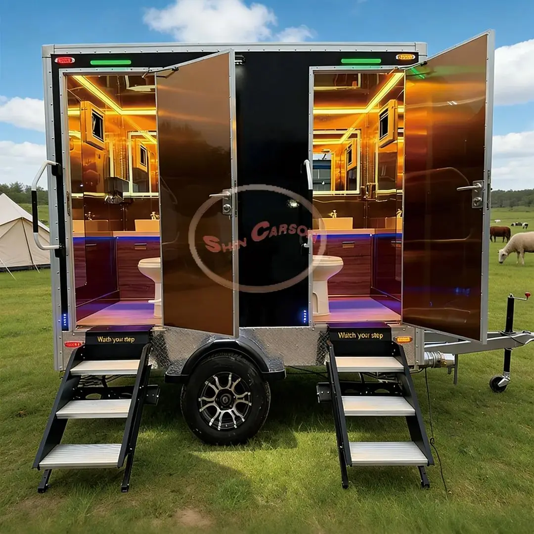

Luxury Fiberglass Portable Toilet Trailer Double Unit with LED Lighting And Ventilation for Outdoor Catering Events