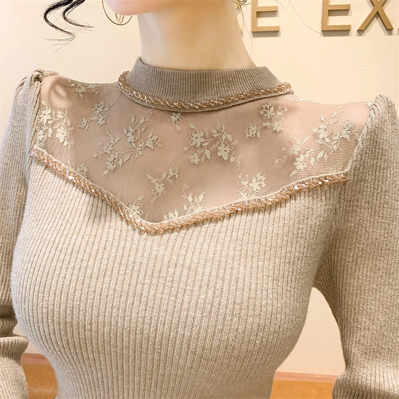 2025, nowość, europejski, ubrania, dzianina, sweter, kobiety, szyk, seksowny, dekolt w szpic, patchwork, koronka, koraliki, długi rękaw, koszula z dołu, topy, 412144