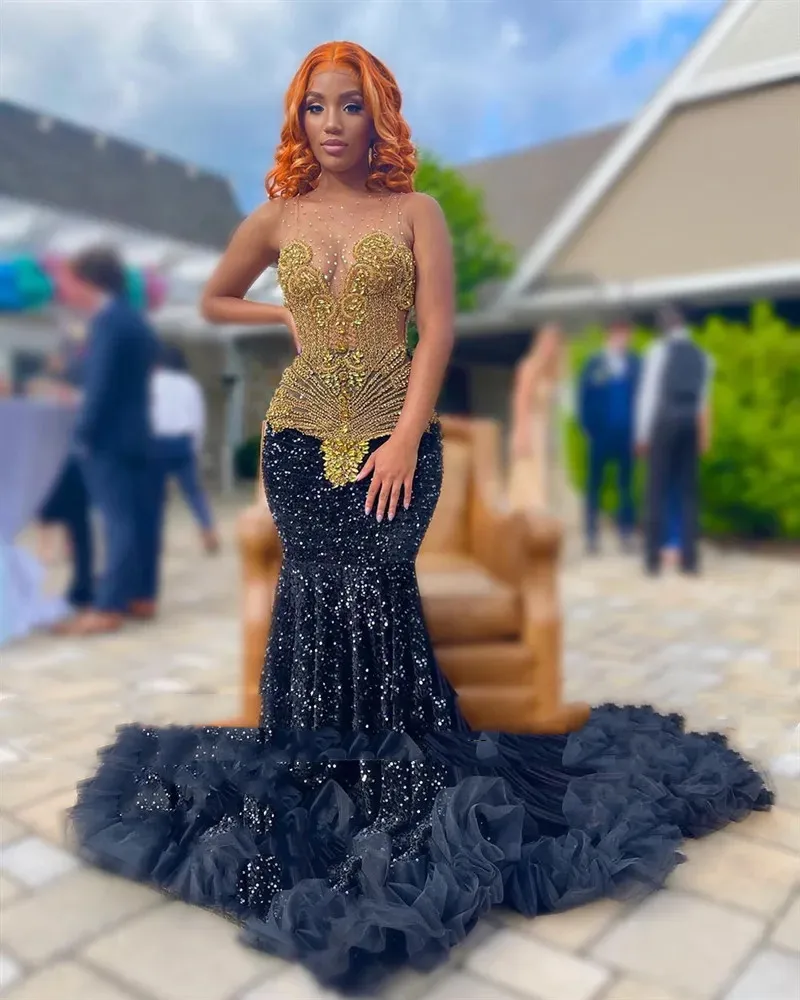 

Customized Sexy Black Velvet Mermaid Prom Dresses Gold Crystal 2025 Girl Ruffles Wedding Party Gowns Sexy Evening Maxi Robe