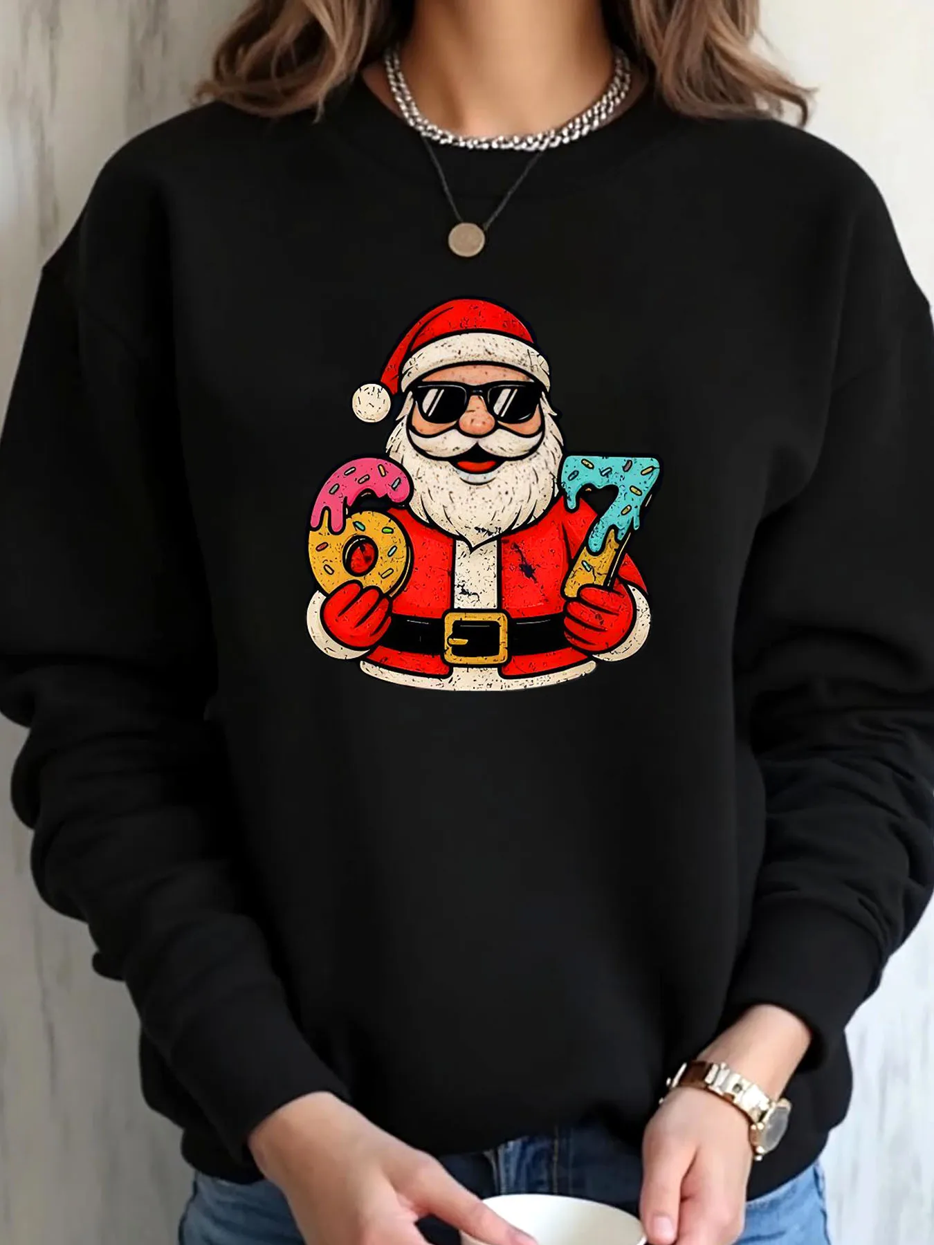 Women Plus Size Sweatshirt Christmas Santa Holding Donuts and Slushie Print Outdoor Wear
