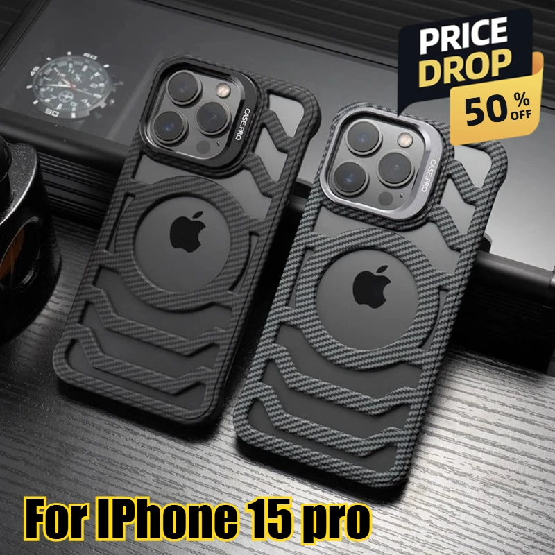

For IPhone 15 pro Mobile Phone Case with Lens Holder Kevlar Carbon Fiber Pattern Protective Cover