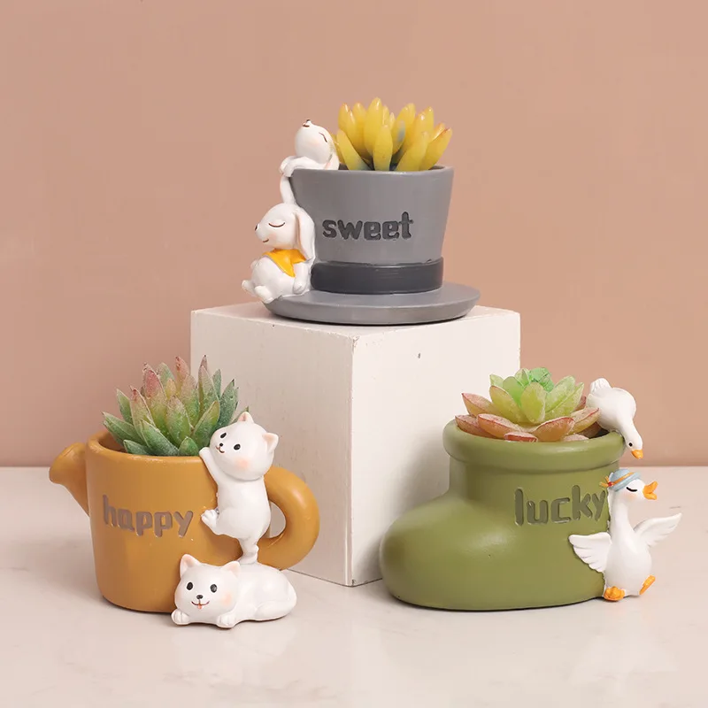 Cartoons Rabbit Flower Pot Resin Animals Flowerpot Cute Vase Cactus Succulent Plants Potted Flower Arrangement Garden Decoration