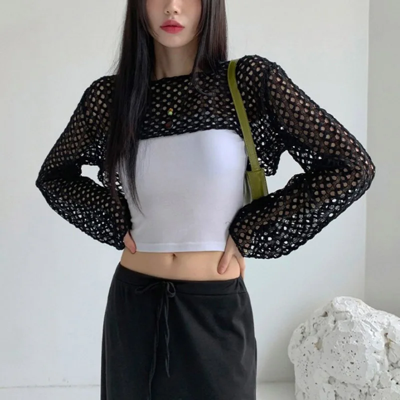 Street Style Fishnet Holes T Shirt See Through Hollow Out Hooded Full Sleeve Crop Top Women Casual Loose Shirt Smock Fall