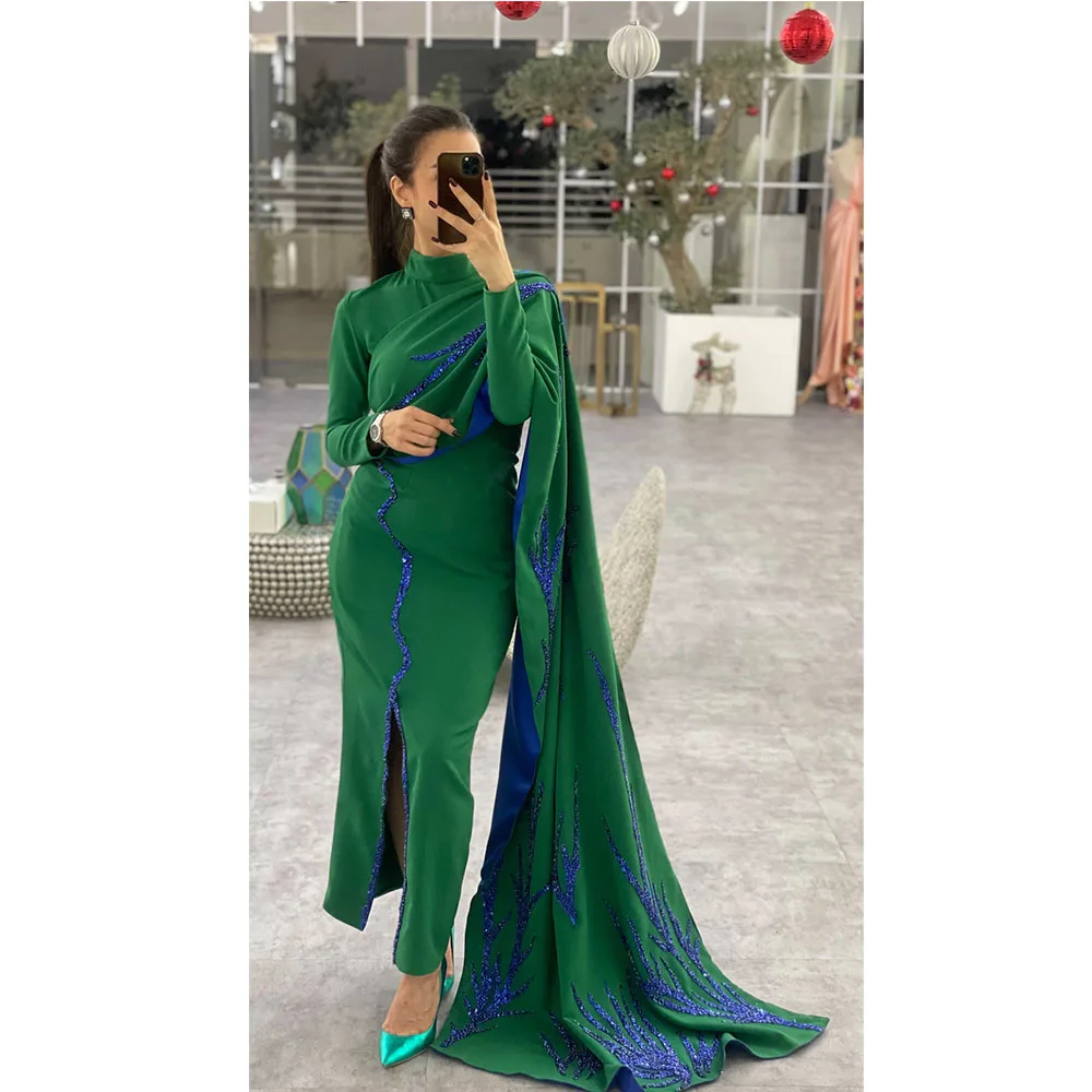 Customized Temperament Prom Gown For Women High Collar Full Sleeves Ankle-Length Slit Elegant Evening Party Dresses فساتين للحفل