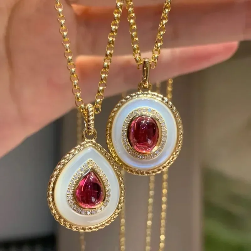 

Original Retro White Fritillaria Necklace for Women Ruby Water Drop Pendant High quality Light Luxury clavicle chain Jewelry