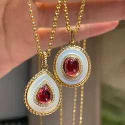 Original Retro White Fritillaria Necklace for Women Ruby Water Drop Pendant High quality Light Luxury clavicle chain Jewelry