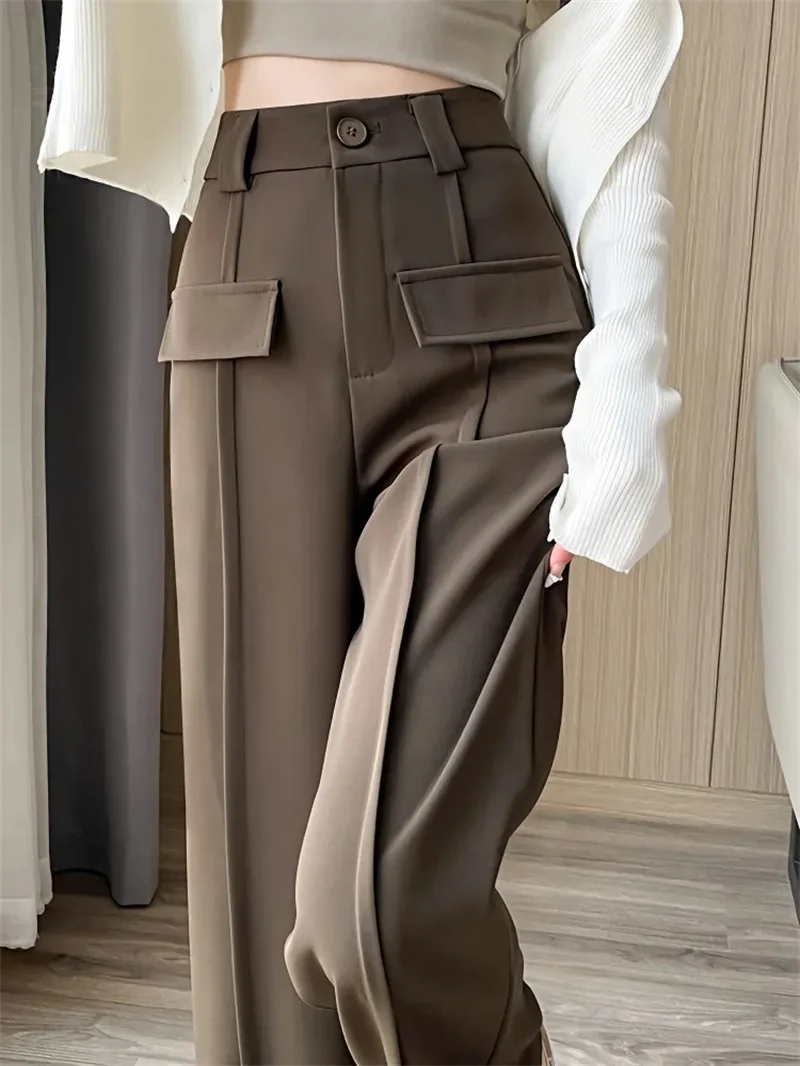 

2024 Women Solid Color Suit Pants High Waist Straight Wide Leg Pants Slant Pockets Loose Office Trousers Women's Clothing