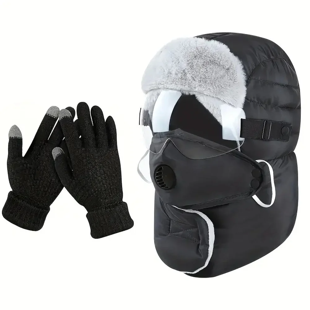 

Winter outdoor riding hat and gloves with thermal polyester and sheep wool lining ear protection and neck guard