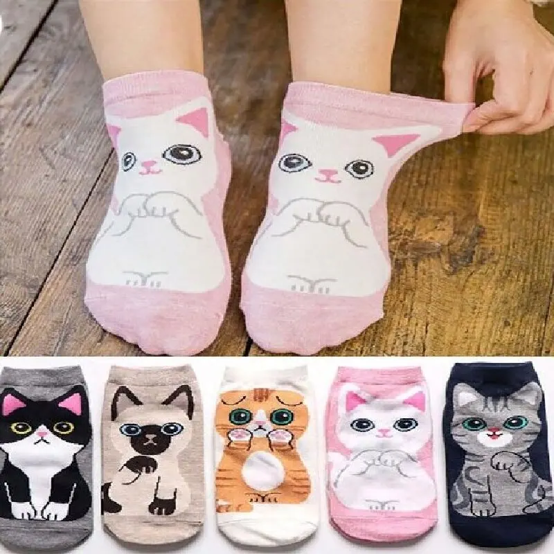 

5 Pairs/Set Women's Cartoon Cute Cat Ankle Socks Breathable Perfect for Everyday Fashion