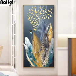 Nowoczesny abstrakcyjny obraz diamentowy Diy, niebieskie i złote pióro, motyl, grafika ścienna, mozaika diamentowa obraz ścieg krzyżykowy Home Decor