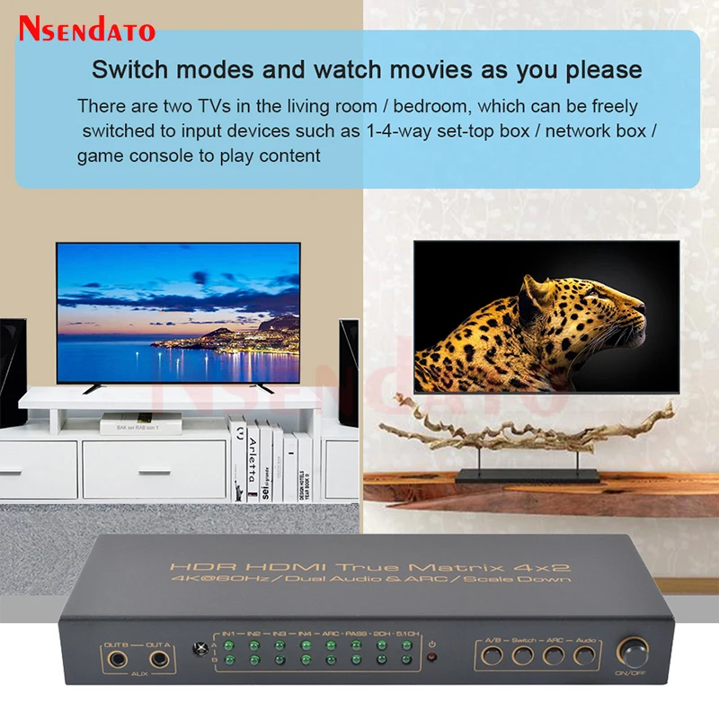 4 × 2 hdr hdmiマトリックススイッチ4 18k 60 60hz 4で2アウトhdmiスプリッタスイッチャーオーディオ抽出アークaux spdifスケールダウンPS3ためPS4テレビdvd