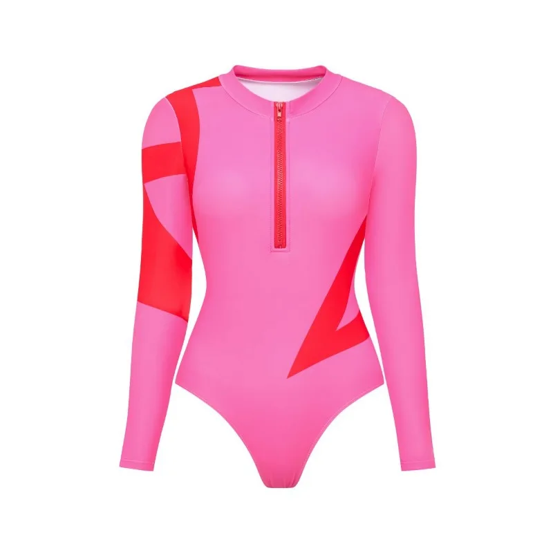 Vermelho rosa manga longa maiô com cobrir sexy banho feminino retalhos maiô surf maiô emagrecimento bodysuit beachwear