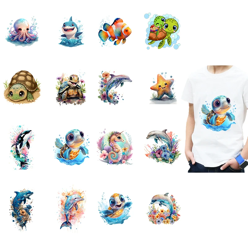 1PCS 15CM Cartoon Marine Animal Iron on Heat Transfer Children's Clothing DIY Decorative Sticker Dolphin Turtle Octopus Sticker