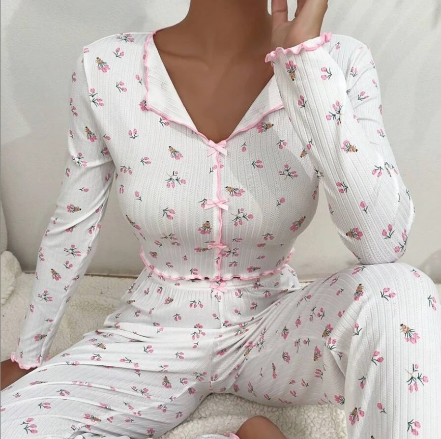 

Black Floral print Women's Pajamas Sets Autumn Winter New Sexy Long Sleeve Tops Long Pants Korea Home Suit Night Wear Sleepwear