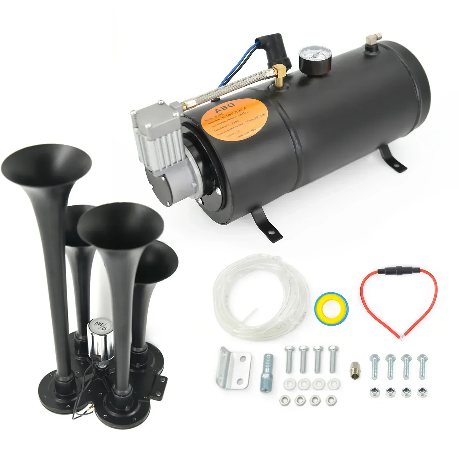 150DB 4 Trumpet Kit for Truck Super Loud Air Horns with 150 PSI 12V  Compressor Tank