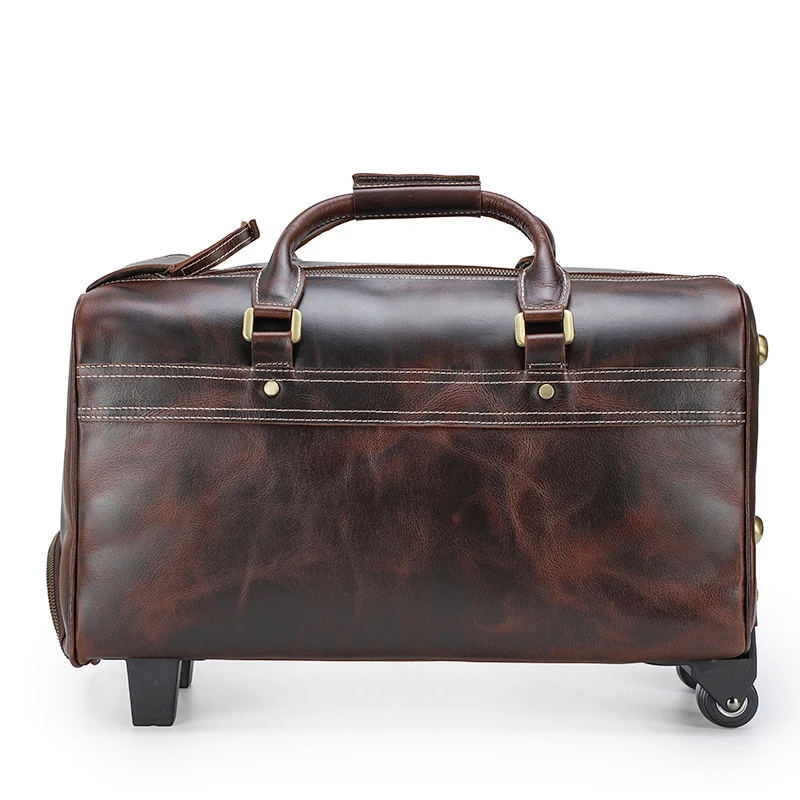 Men\'s Genuine Leather Trolley Bag with Wheels Retro Travel Suitcase Waterproof Large Capacity Rolling Luggage Business Handbag