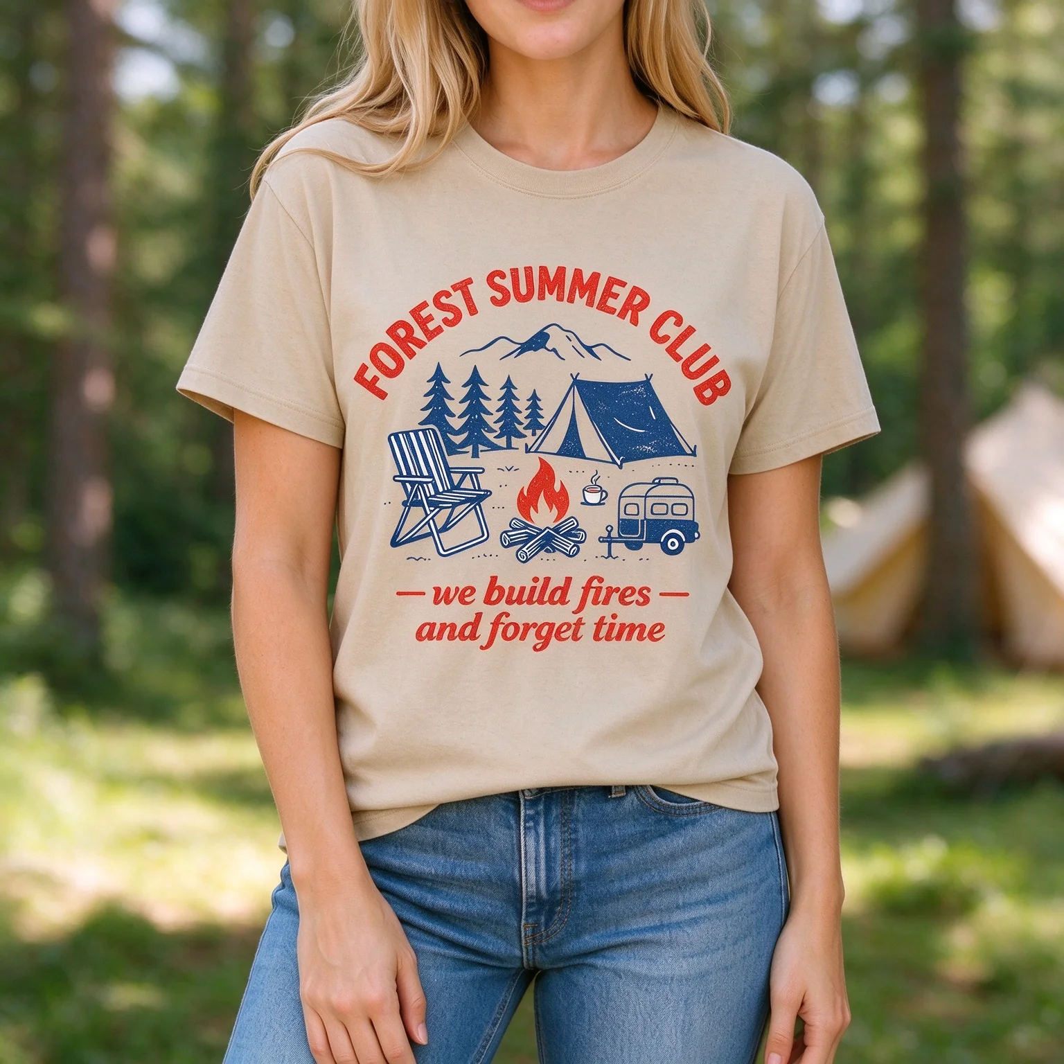 Women Forest Summer Club Vintage Camping Tent Campfire Mountain Outdoor Adventure Graphic Short Sleeve T Shirt