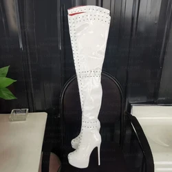 DOHBANER Women Thigh High Boots Platform Thin Heeled Side Zip Studded Over Knee Boots Party Shoes Woman Large Size 39 41 44 52