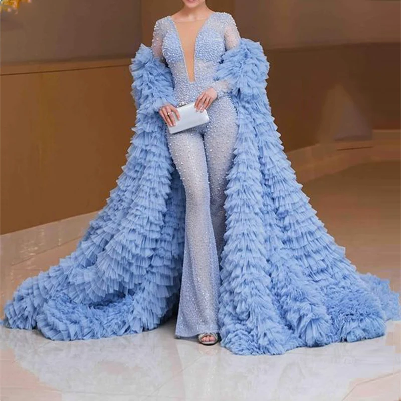 Sky Blue Sequined Evening Gowns Tulle Ruffles Tiered Sweep Train Jumpsuits Long Sleeves Saudi Arabia Formal Party Dress Robe