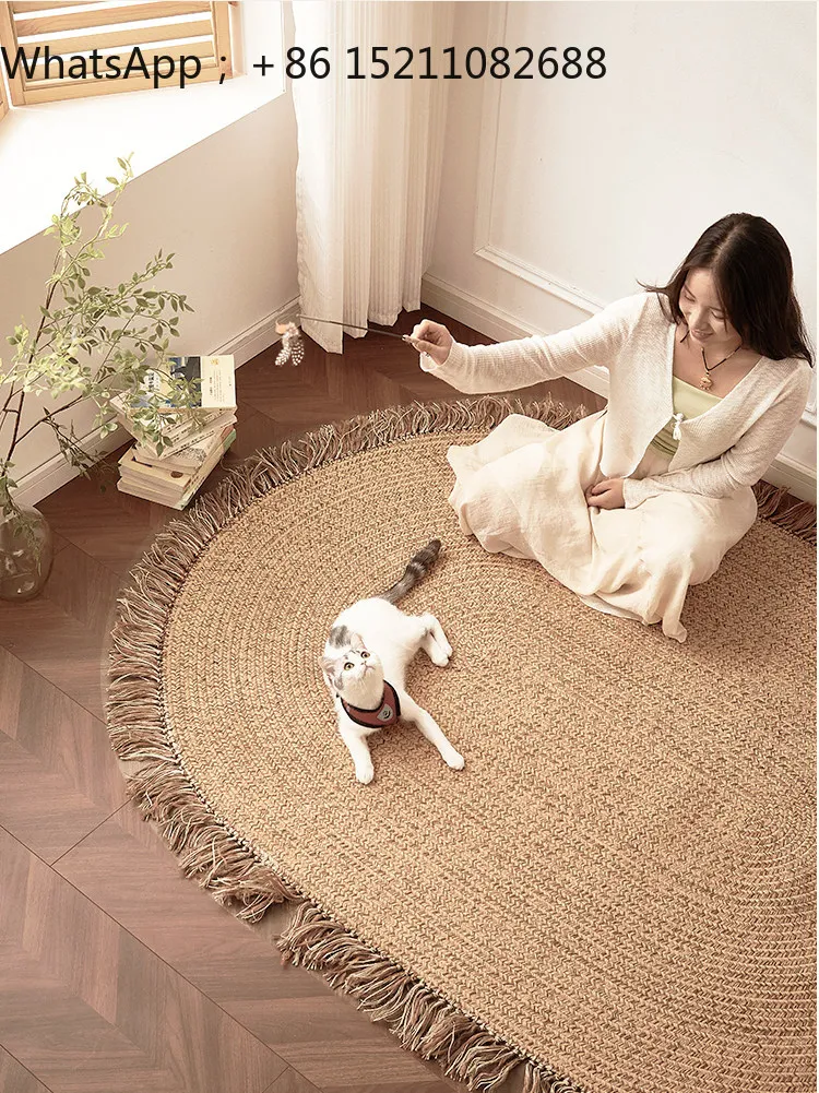 SCY Oval Jute Tassel Carpet Living Room Light Luxury Zero Glue Hand Woven Floor Mat Bedroom Bedside Blanket