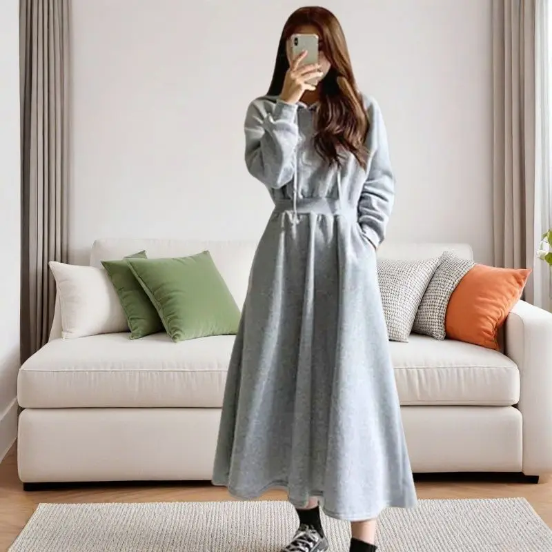 

Новая корейская женская свободная повседневная длинная юбка-платье с капюшоном, выше колена, с эффектом похудения, весна-осень