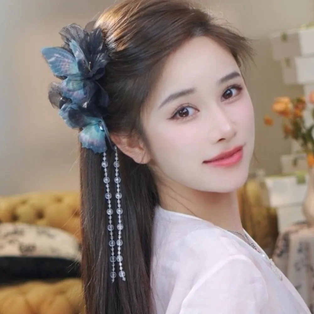 

Элегантные заколки-крабы для волос с бабочками и кисточками, пластиковые, с бусинами, из тюля цвета лунного света, черные, синие, большие, в старинном стиле