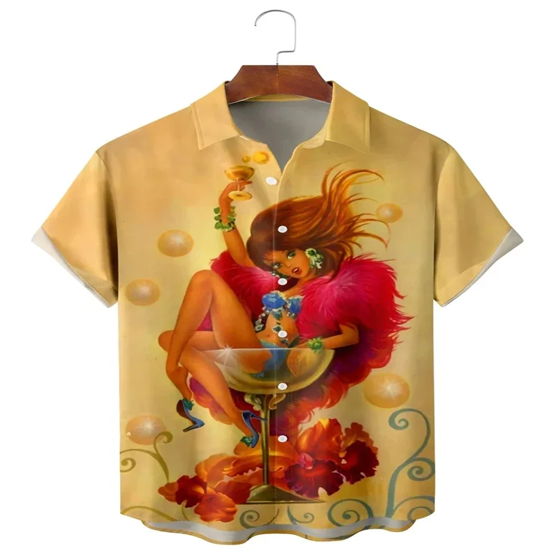 Kemeja Hawaii motif kaca anggur dan kecantikan, kemeja motif Hawaii 3D untuk pria dan wanita, kemeja kasual uniseks